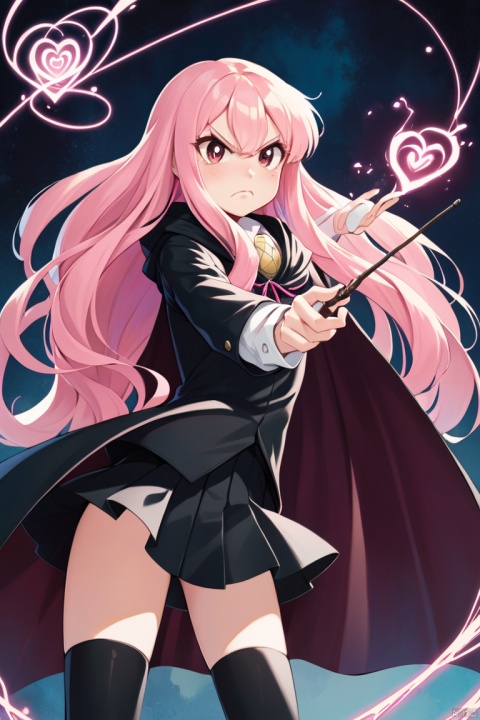  1girl, louise francoise le blanc de la valliere, 3:, angry, black cloak, black skirt, black thighhighs, blush, bright pupils, brown eyes, casting spell, cloak, closed mouth, cowboy shot, embarrassed, frown, full-face blush, hair between eyes, hand on own hip, heart, heart of string, holding, holding wand, long hair, long sleeves, looking at viewer, magic, miniskirt, nose blush, outstretched arm, pink hair, pleated skirt, shirt, sidelocks, simple background, skirt, solo, standing, thighhighs, v-shaped eyebrows, very long hair, wand, wavy hair, white background, white shirt, zettai ryouiki
