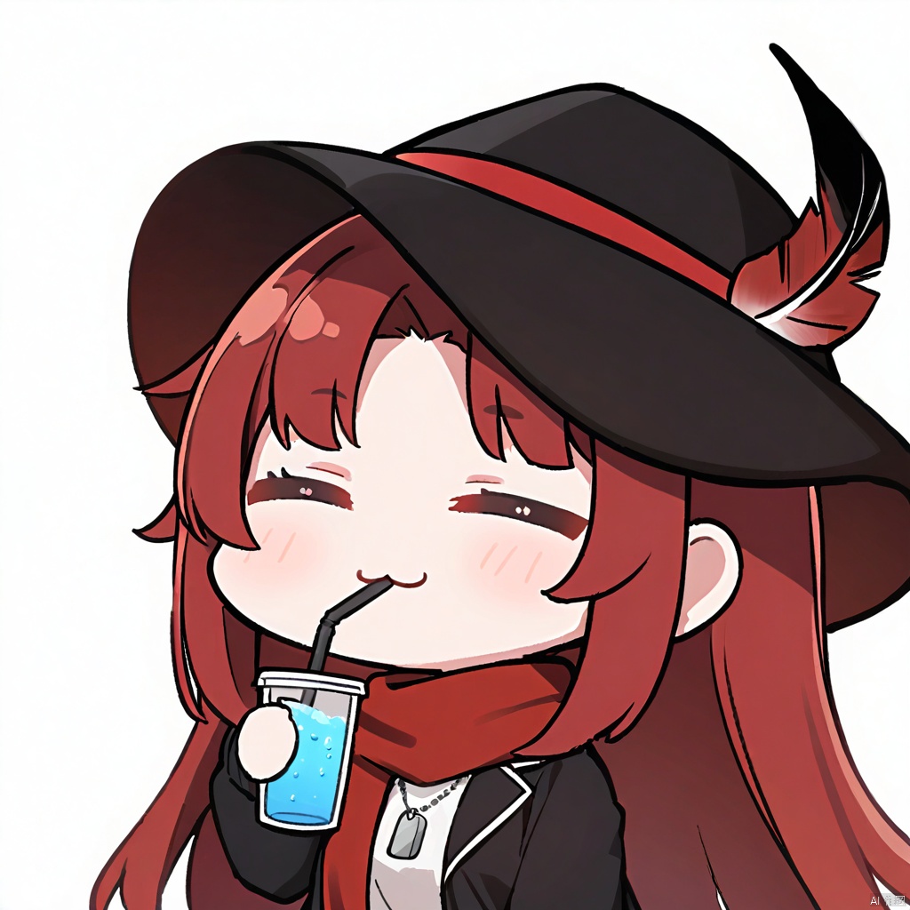  1girl, solo,red hair, black hat, hat feather, red scarf, black jacket, dog_tags,

:3, chibi, virtual_youtuber, drinking_straw, closed_eyes, cup, white_background, simple_background, drinking, holding, holding_cup,