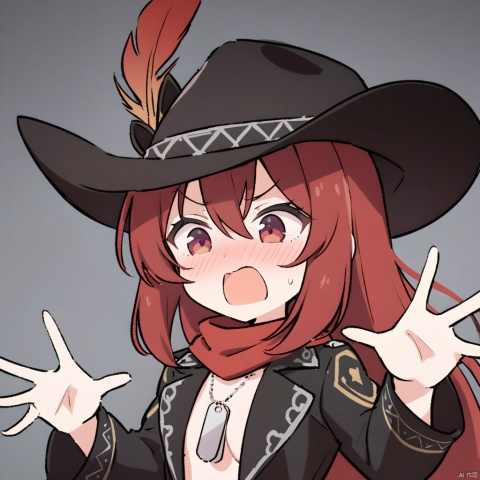 1girl, solo,red hair, black hat, Cowboy hat, hat feather,red scarf, black jacket, dog_tags,, ,white_background,simple_background, meme, solo, upper_body, passionate_expression, eager_to_convince, open_mouth, persuasive, animated_gestures, spreading_ideas, enthusiastic, zealous, preaching, missionary_zeal, trying_to_convert, sharing_opinions, animated_discussion, fervent_tone, hand_gestures, palms_open, inviting, inclusive, welcoming, open_armed, excited_to_share, belief_propagation, belief_in_eyes, conviction, no_hand_on_hip, meme_potential, relatable, hat