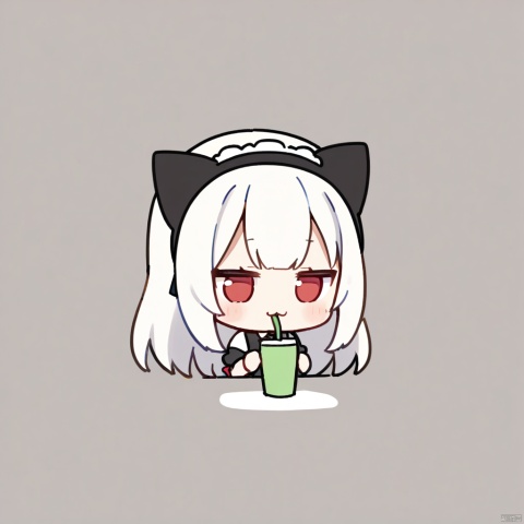  1girl, loli,solo,white hair,long hair,bangs,red eyes,maid,cat ears,
fumo,
 :3, chibi, virtual_youtuber, drinking_straw, closed_eyes, cup, white_background, simple_background, drinking, holding, holding_cup,