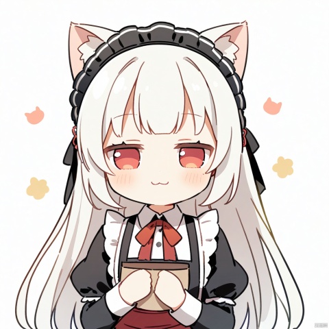  1girl, loli,solo,white hair,long hair,bangs,red eyes,maid,cat ears,
fumo,
:3, closed_eyes, holding, white_background, simple_background, upper_body, facing_viewer, closed_mouth, chibi, smile,
