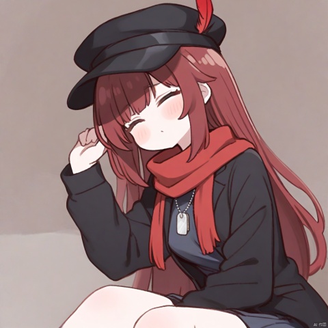  1girl, solo,red hair, black hat, hat feather, red scarf, black jacket, dog_tags,
 ,
😴😴😴

