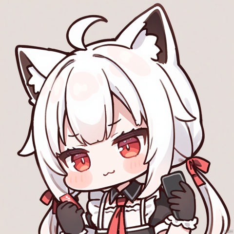  1girl, loli,solo,white hair,long hair,bangs,red eyes,maid,cat ears,

:3, holding, phone, closed_eyes, ahoge, holding_phone, cellphone, virtual_youtuber, gloves, chibi, transparent_background, black_gloves, simple_background, upper_body, frown, closed_mouth, white_background,