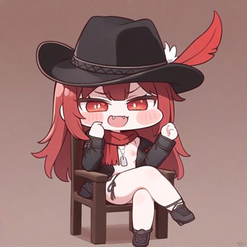  1girl, solo,red hair, black hat, Cowboy hat, hat feather,red scarf, black jacket, dog_tags,chibi,
 ,
 meme,
sitting on chair, crossed legs, pov, full body, hand up, detailed eyes, rating: safe, nsfw, laughing, fang, smug,
