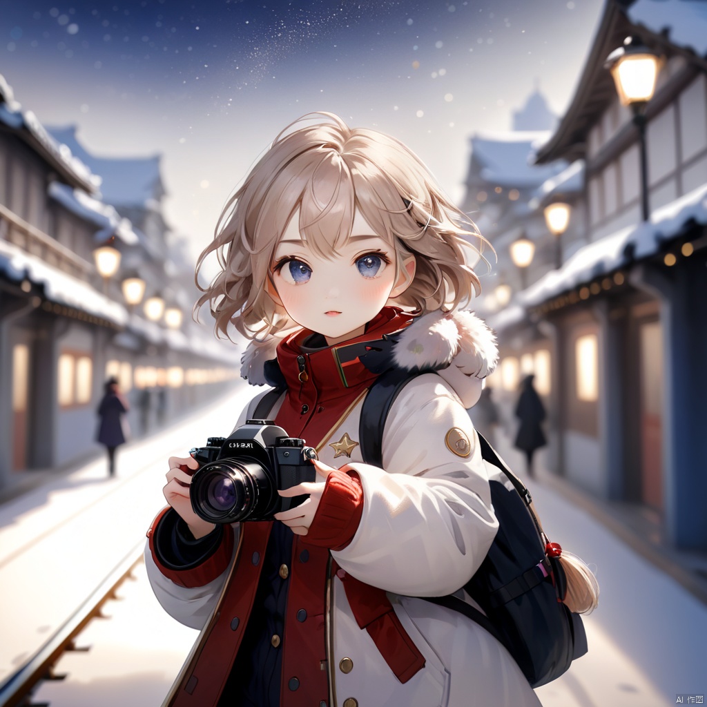  1girl,march7 honkai star rail,holding camera,one eye closed,pointing at viewer,outsside,winter,
BREAK blurry background,, masterpiece, best quality, wmchahua