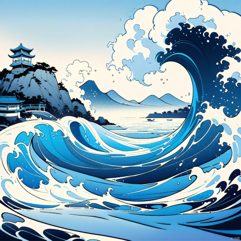  Chinese landscape painting,woodcut prints,with dense black and white lines waves,sand beach and giant waves,hainan island,1girl surfing in the ocean,misty sea of clouds,with a blue background at the top,a strong color contrast,​​monochrome,monochromatic with hints of blue,detailed texture,blue background,complex details,,hainan scenery,island scenery,line art,chinese landscape,Eastern aesthetics,Colorful Chinese Paintings,blue theme,Surrealism Dream Style,Glowing neon color, mineral color painting