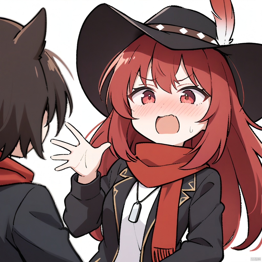 1girl, solo,red hair, black hat, Cowboy hat, hat feather,red scarf, black jacket, dog_tags,, ,white_background,simple_background, meme, solo, upper_body, passionate_expression, eager_to_convince, open_mouth, persuasive, animated_gestures, spreading_ideas, enthusiastic, zealous, preaching, missionary_zeal, trying_to_convert, sharing_opinions, animated_discussion, fervent_tone, hand_gestures, palms_open, inviting, inclusive, welcoming, open_armed, excited_to_share, belief_propagation, belief_in_eyes, conviction, no_hand_on_hip, meme_potential, relatable, hat