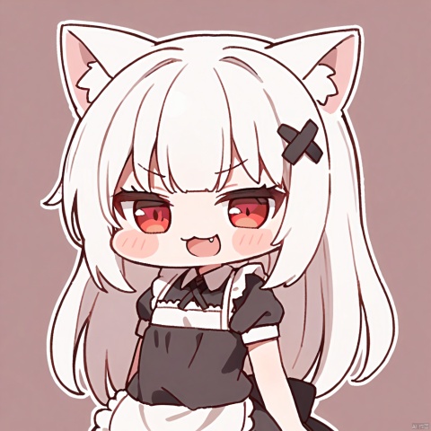  1girl, loli,solo,white hair,long hair,bangs,red eyes,maid,cat ears,

 fang, open_mouth, chibi, cross_tie, smile, simple background, v-shaped_eyebrows, upper_body, half-closed_eyes, smug, looking_at_viewer, outline, :3, white_outline,