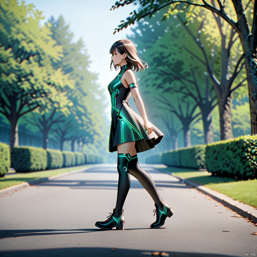  woman wearing a mad-circuit dress walking through park, dynamic_pose, from side, light smile, cinematic shot