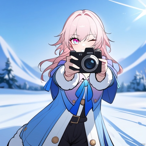  1girl,march7 honkai star rail,holding camera,one eye closed,pointing at viewer,outsside,winter,
BREAK blurry background,, masterpiece, best quality, wmchahua, Apricot eye,masterpiece, paopaoma