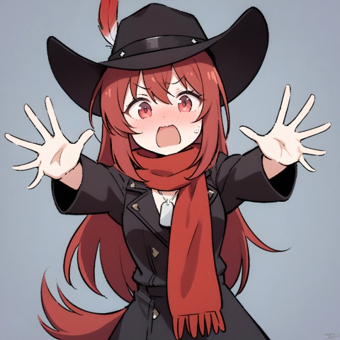1girl, solo,red hair, black hat, Cowboy hat, hat feather,red scarf, black jacket, dog_tags,, ,white_background,simple_background, meme, solo, upper_body, passionate_expression, eager_to_convince, open_mouth, persuasive, animated_gestures, spreading_ideas, enthusiastic, zealous, preaching, missionary_zeal, trying_to_convert, sharing_opinions, animated_discussion, fervent_tone, hand_gestures, palms_open, inviting, inclusive, welcoming, open_armed, excited_to_share, belief_propagation, belief_in_eyes, conviction, no_hand_on_hip, meme_potential, relatable, hat