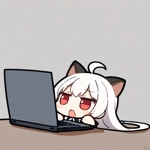  1girl, loli,solo,white hair,long hair,bangs,red eyes,maid,cat ears,
white_background, 
chibi, computer,ahoge, laptop, open_mouth, lazy, fumo
