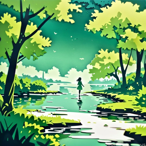 Paper cut art, green theme, a girl was walking by the river,1girl,river,walking