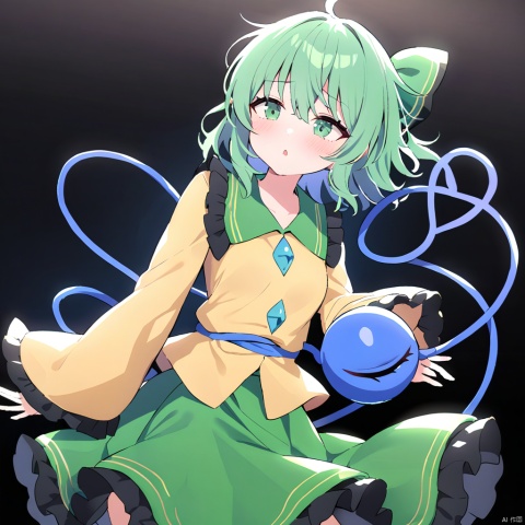 solo,masterpiece,best quality, komeiji_koishi_touhou,koishi_touhou, komeiji_koishi_touhou, 1girl, long_sleeves, wide_sleeves, yellow_shirt, heart_of_string,green_skirt
