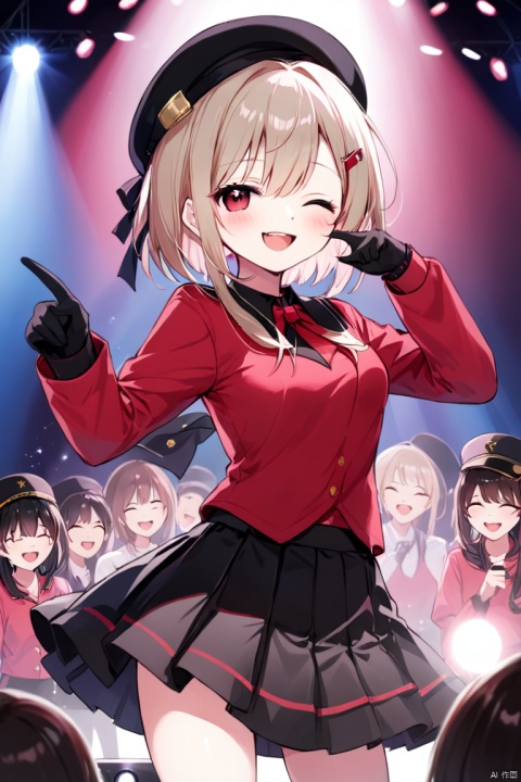  1girl, arima kana, oshi no ko, solo, idol, idol clothes, one eye closed, red shirt, black skirt, black headwear, gloves, stage light, singing, open mouth, crowd, smile, pointing at viewer, masterpiece, best quality,