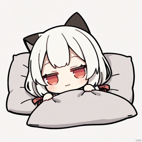  1girl, loli,solo,white hair,long hair,bangs,red eyes,maid,cat ears,
fumo,
:3, closed_eyes,pillow, sleeping, under_covers, on_back, white_background, lying,simple_background, closed_mouth, chibi