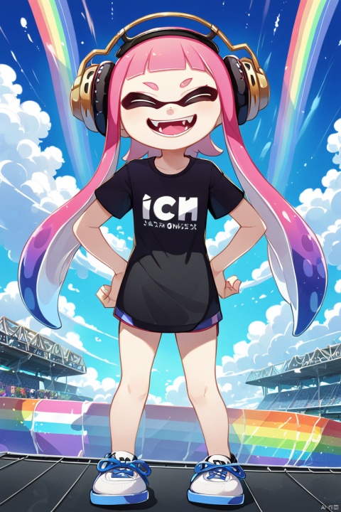  masterpiece, masquerade_mask, 1girl,solo,long hair,smile,open mouth,bangs,shirt,closed eyes,pink hair,short sleeves,cowboy shot,sky,day,cloud,blunt bangs,blue sky,black shirt,^_^,headphones,fangs,t-shirt,clothes writing,hands on hips,tentacle hair,rainbow,inkling,inkling girl
