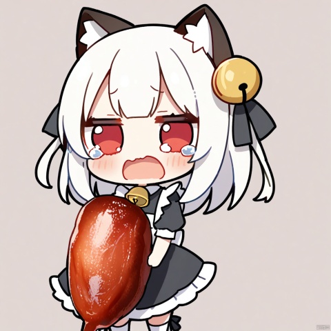  1girl, loli,solo,white hair,long hair,bangs,red eyes,maid,cat ears,
fumo,
chibi, holding, virtual_youtuber, simple_background, open_mouth, bell, meat, chicken_\(food\), crying, tears,