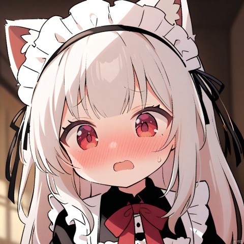 1girl, loli,solo,white hair,long hair,bangs,red eyes,maid,maid headdress,cat ears,,,
meme,,upper_body,
overexpression, , Random emotion, 