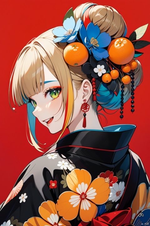  masterpiece, best quality, 1girl, red background, black bow, japanese clothes, smile, bow, kimono, flower, hair ornament, hair bow, streaked hair, multicolored hair, fruit, open mouth, green eyes, food, :d, hair flower, looking at viewer, teeth, upper body, earrings, solo, jewelry, blue hair, yellow flower, black kimono, choker, makeup, black choker, looking back, bangs, virtual youtuber, blue flower, mandarin orange, blonde hair, sash, single hair bun, brown hair, hair bun
