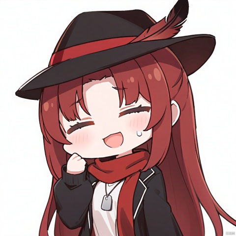  1girl, solo,red hair, black hat, hat feather, red scarf, black jacket, dog_tags,

closed_eyes, open_mouth, chibi, smile, , virtual_youtuber, , , sweatdrop, , , , long_hair, , , shirt, , , , facing_viewer, upper_body, , , :d, open_clothes, , 