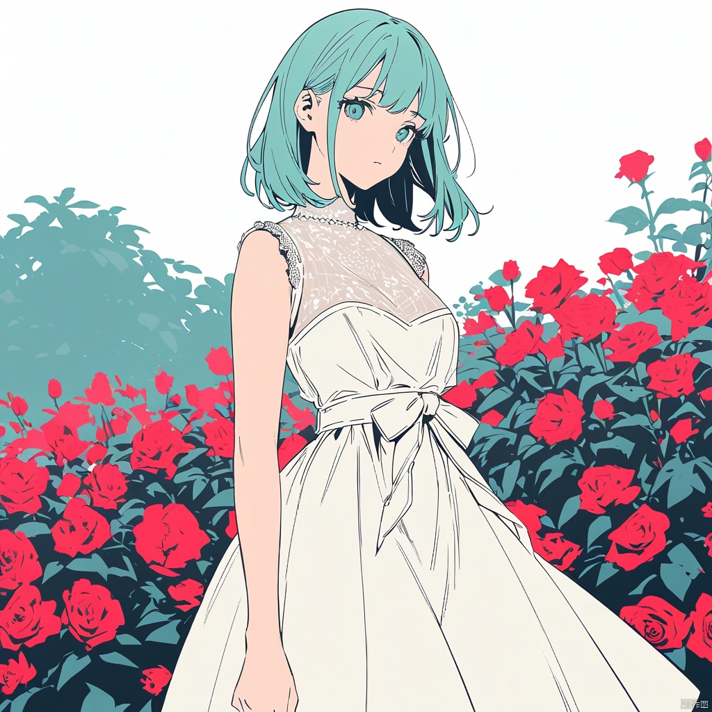 (Flat color: 1.2) Imitate Herm è s illustration style, with a white background, showcasing the fashion brand's style guidance. The exhibition showcases a fashionable girl's fantasy myth of spring; High definition, soft, and clear image quality; Clear and complete facial features, visually adding a white dress for girls and a red rose garden