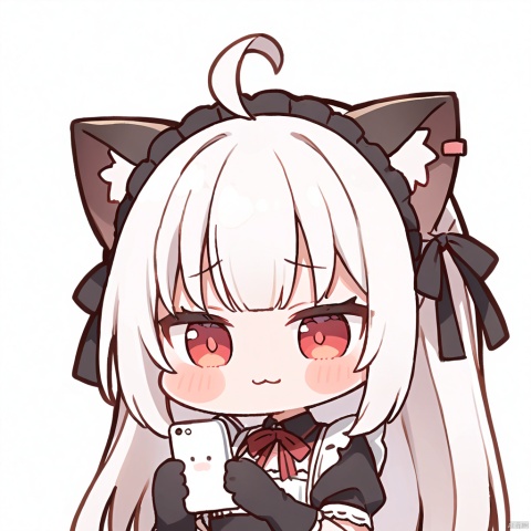  1girl, loli,solo,white hair,long hair,bangs,red eyes,maid,cat ears,

:3, holding, phone, closed_eyes, ahoge, holding_phone, cellphone, virtual_youtuber, gloves, chibi, transparent_background, black_gloves, simple_background, upper_body, frown, closed_mouth, white_background,