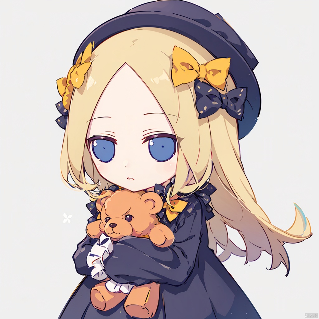 masterpiece, best quality, ,1girl, solo, long hair, abigail williams (fate), butterfly, teddy bear, stuffed animal, blonde hair, blue eyes, orange bow, bow, hat, sleeves past wrists, very long hair, polka dot bow, black bow, black dress, hair bow, polka dot, long sleeves, sleeves past fingers, looking at viewer, object hug, white bloomers, underwear, parted lips, forehead, grey background, blush, holding stuffed toy, closed mouth, cowboy shot, chibi