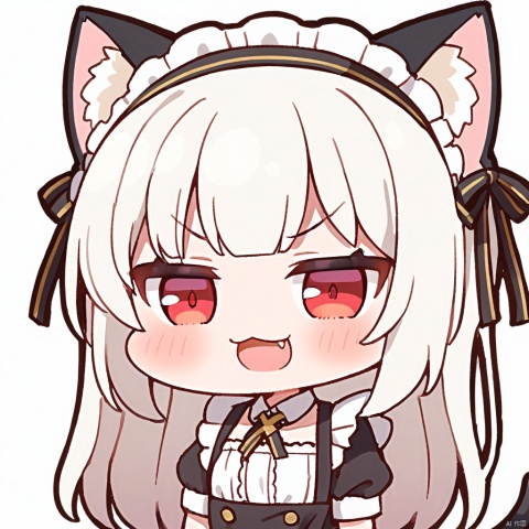  1girl, loli,solo,white hair,long hair,bangs,red eyes,maid,cat ears,

 fang, open_mouth, chibi, cross_tie, smile, simple background, v-shaped_eyebrows, upper_body, half-closed_eyes, smug, looking_at_viewer, outline, :3, white_outline,