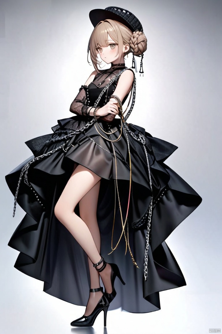 A peculiar dress made of discarded fashion clothes with a flowing skirt, showing her unique insights and creativity in fashion. Paired with transparent stockings, she outlined her slender legs, and she wore a pair of black high heels decorated with rivets and chains. Her hair is braided into a delicate bun, she wears a fashionable hat on her head, and several strings of fashionable design bracelets hang on her arms. Her eyes reveal her love for fashion and her pursuit of creativity