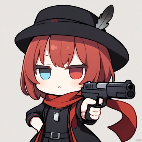  1girl, solo,red hair, black hat, hat feather, red scarf, black jacket, dog_tags,
chibi,fumo,
 weapon, heterochromia, gun, holding_weapon, aiming, holding_gun, aiming_at_viewer, holding, , handgun, chibi, virtual_youtuber, simple_background,
