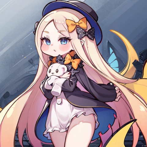 masterpiece, best quality, ,1girl, solo, long hair, abigail williams (fate), butterfly, teddy bear, stuffed animal, blonde hair, blue eyes, orange bow, bow, hat, sleeves past wrists, very long hair, polka dot bow, black bow, black dress, hair bow, polka dot, long sleeves, sleeves past fingers, looking at viewer, object hug, white bloomers, underwear, parted lips, forehead, grey background, blush, holding stuffed toy, closed mouth, cowboy shot