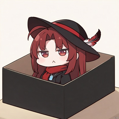  1girl, solo,red hair, black hat, hat feather, red scarf, black jacket, dog_tags,

:<, ahoge, in_container, in_box, tail, solo, chibi, box, looking_at_viewer, virtual_youtuber, frown , 