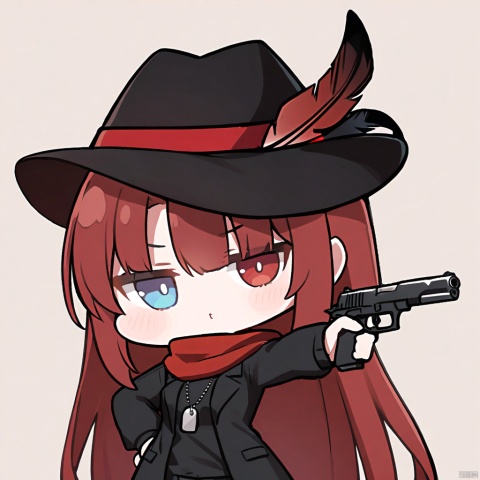  1girl, solo,red hair, black hat, hat feather, red scarf, black jacket, dog_tags,

weapon, heterochromia, gun, holding_weapon, aiming, holding_gun, aiming_at_viewer, holding, , handgun, chibi, virtual_youtuber, simple_background, 