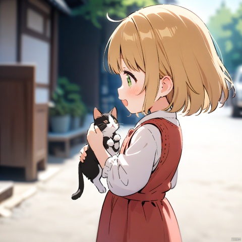 Mimi, cat, a very happy expression, (side view), (side view), avoiding the camera, holding its kitten in hand, child, short, holding a bottle