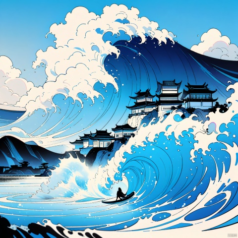  Chinese landscape painting,woodcut prints,with dense black and white lines waves,sand beach and giant waves,hainan island,1girl surfing in the ocean,misty sea of clouds,with a blue background at the top,a strong color contrast,​​monochrome,monochromatic with hints of blue,detailed texture,blue background,complex details,,hainan scenery,island scenery,line art,chinese landscape,Eastern aesthetics,Colorful Chinese Paintings,blue theme,Surrealism Dream Style,Glowing neon color, mineral color painting