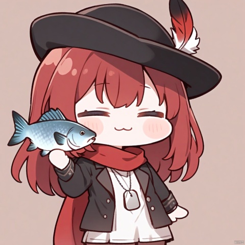  1girl, solo,red hair, black hat, hat feather, red scarf, black jacket, dog_tags,

 :3, closed_eyes, holding_fish, fish, chibi, white_background, upper_body,
