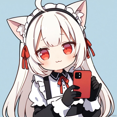  1girl, loli,solo,white hair,long hair,bangs,red eyes,maid,cat ears,
fumo,
:3, holding, phone, closed_eyes, ahoge, holding_phone, cellphone, virtual_youtuber, gloves, chibi, transparent_background, black_gloves, simple_background, upper_body, frown, closed_mouth, white_background,
