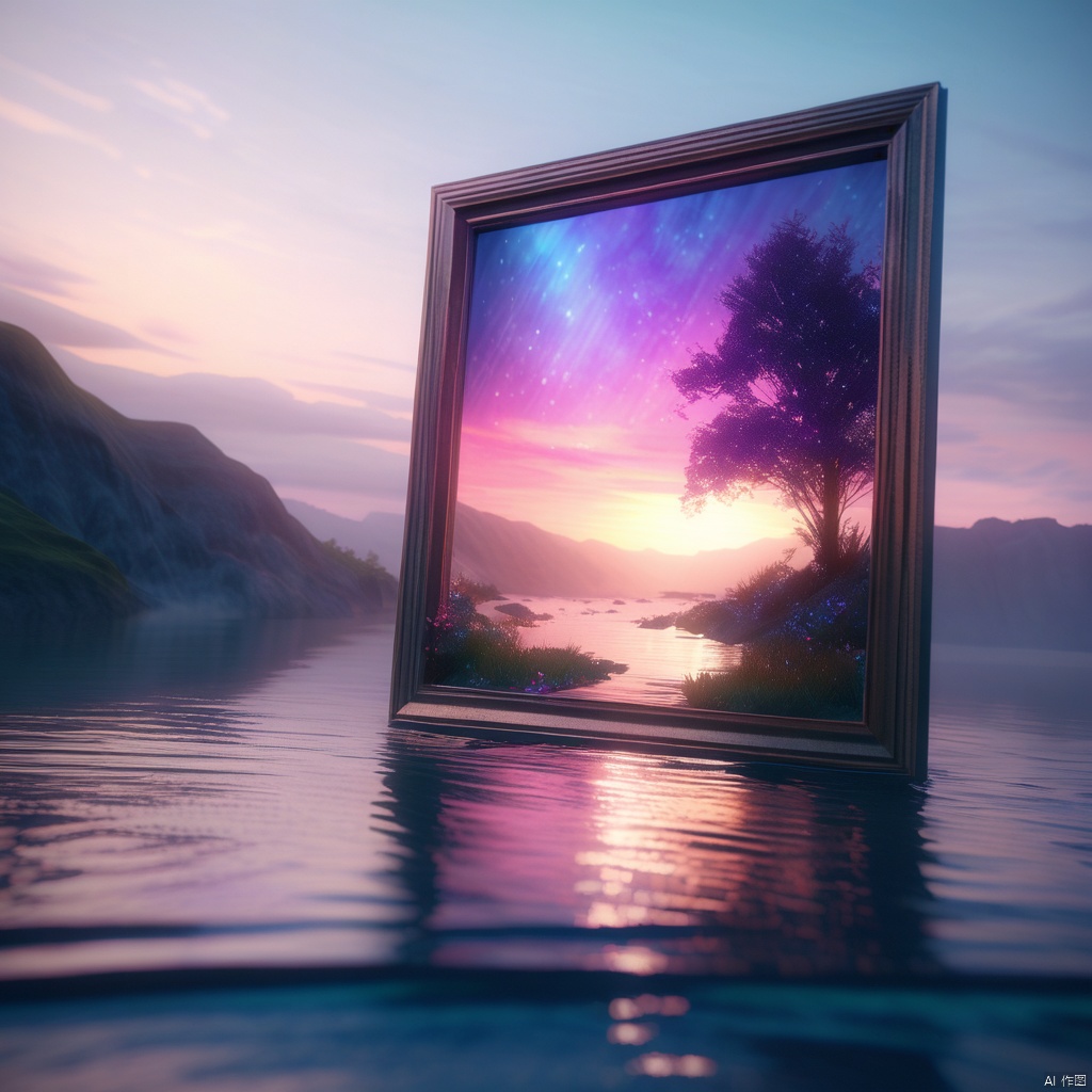masterpiece,best quality,A square frame, suspended in water, reveals flora and fauna beneath its surface, exuding an aesthetic charm. Employing a 3D rendering technique, it boasts vibrant hues, gentle illumination, and an ethereal quality. Delicate textures imbue it with a sense of surrealism, evoking a dreamlike ambiance., landscape, shining