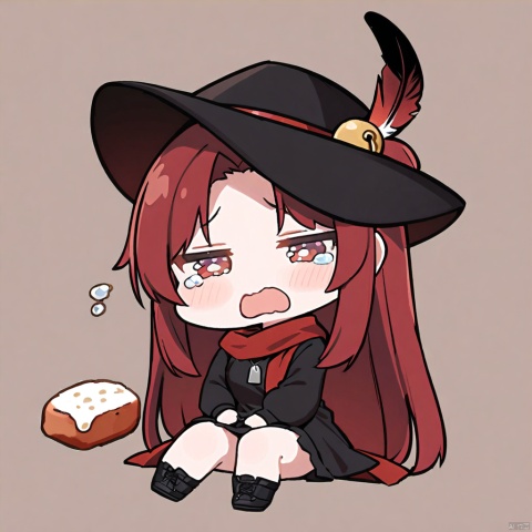  1girl, solo,red hair, black hat, hat feather, red scarf, black jacket, dog_tags,

chibi, Food fell to the ground, virtual_youtuber, simple_background, open_mouth, bell, meat, chicken_\(food\), crying, tears,