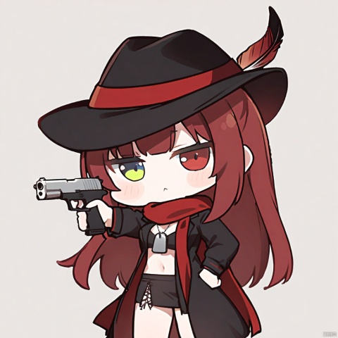  1girl, solo,red hair, black hat, hat feather, red scarf, black jacket, dog_tags,

weapon, heterochromia, gun, holding_weapon, aiming, holding_gun, aiming_at_viewer, holding, , handgun, chibi, virtual_youtuber, simple_background, 
