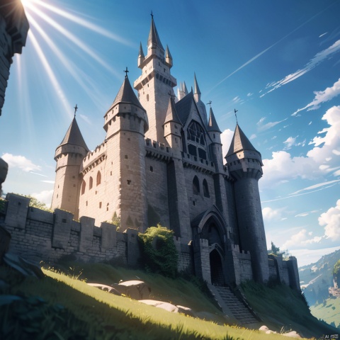  medieval castle,outdoors,sky,cloud,no_humans, sunlight, cinematic lighting,strong contrast,high level of detail,Best quality,masterpiece,Magical Fantasy Style,