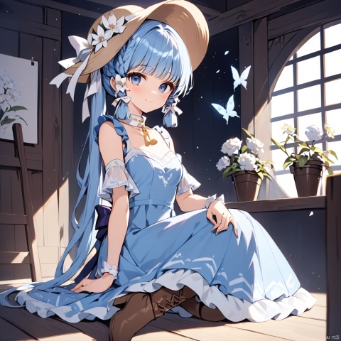  genshin_impact kamisato_ayaka commentary highres 1girl back_bow blue_bow blue_dress blue_eyes blue_hair blunt_bangs blush boots bow braid brown_footwear brown_headwear butterfly_hair_ornament closed_mouth collar dress flower hair_flower hair_ornament hair_up hand_up hat hat_ribbon light_blue_hair long_hair looking_at_viewer mole mole_under_eye official_alternate_costume official_alternate_hairstyle pantyhose ribbon sitting smile solo white_collar white_flower white_pantyhose white_ribbon