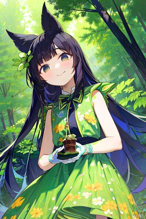  looking_at_viewer, masterpiece, best quality,1 girl, surrounded by big leaf plants, wearing flower accessories, (Old-growth forest), (long hair) puberty, young girl, bright outline,Butterfly Dance, chibi, surrealistic,tuyawang, senlin