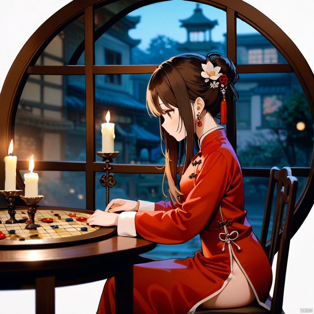 1girl,long hair,solo,a flower cat,jewelry,earrings,single hair bun,chinese clothes,table,sitting,board game,flower,circular window,window,dress,from side,hair ornament,hair bun,long sleeves,red dress,black hair,indoors,looking down,profile,brown hair,candle,light,GFGF,