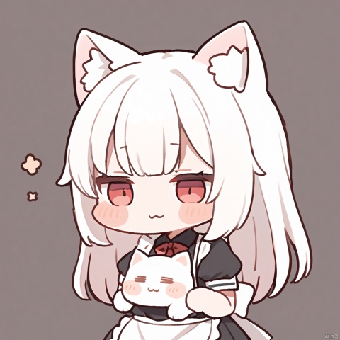  1girl, loli,solo,white hair,long hair,bangs,red eyes,maid,cat ears,

 :3, bow, closed_eyes, holding_cat, holding, upper_body, chibi, simple_background, closed_mouth, =_=, white_background,