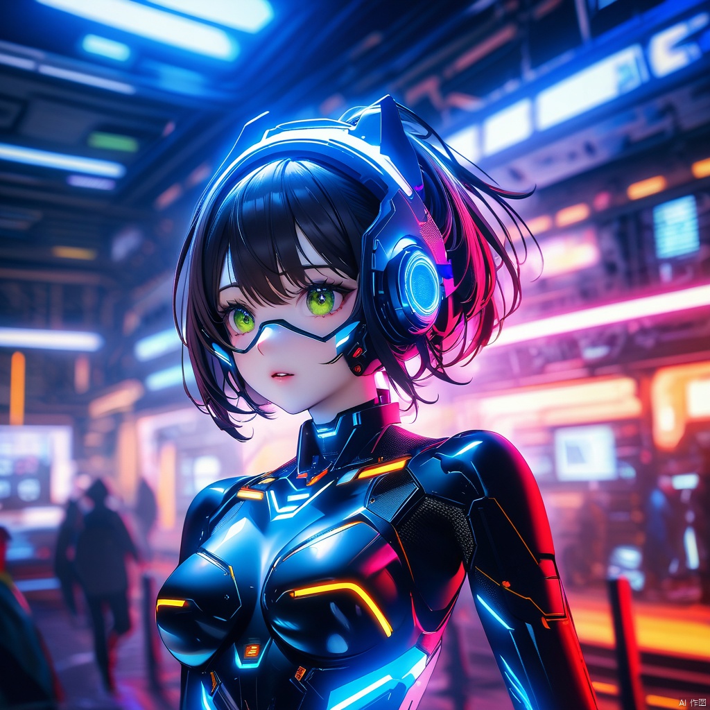 The technological revolution in artificial intelligence. This could be depicted as a futuristic scene with advanced AI robots, cutting-edge technology, and immersive virtual environments. The artwork should have a sci-fi style with cinematic lighting and vivid colors, showcasing the impact of AI on the world.