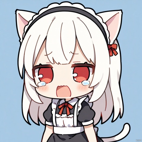  1girl, loli,solo,white hair,long hair,bangs,red eyes,maid,cat ears,
fumo,
chibi, virtual_youtuber, simple_background, open_mouth,crying, tears,