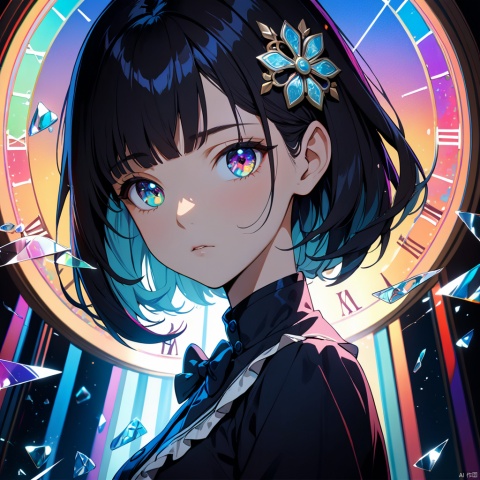  ((illustration)), ((floating hair)), ((chromatic aberration)), ((caustic)), lens flare, dynamic angle, ((portrait)), (1 girl), ((solo)), cute face, ((hidden hands)), asymmetrical bangs, (beautiful detailed eyes), eye shadow, ((huge clocks)), ((glass strips)), (floating glass fragments), ((colorful refraction)), (beautiful detailed sky), ((dark intense shadows)), ((cinematic lighting)), ((overexposure)), (expressionless), blank stare, big top sleeves, ((frills)), hair_ornament, ribbons, bowties, buttons, (((small breast))), pleated skirt, ((sharp focus)), ((masterpiece)), (((best quality))), ((extremely detailed)), colorful,