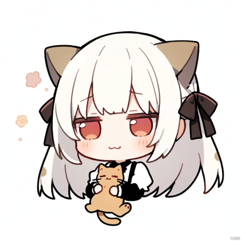  1girl, loli,solo,white hair,long hair,bangs,red eyes,maid,cat ears,
fumo,
 :3, bow, closed_eyes, holding_cat, holding, upper_body, chibi, simple_background, closed_mouth, =_=, white_background,